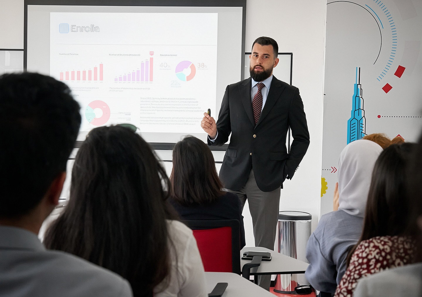 Enrolia founder presenting enrollment growth dashboard to an education audience